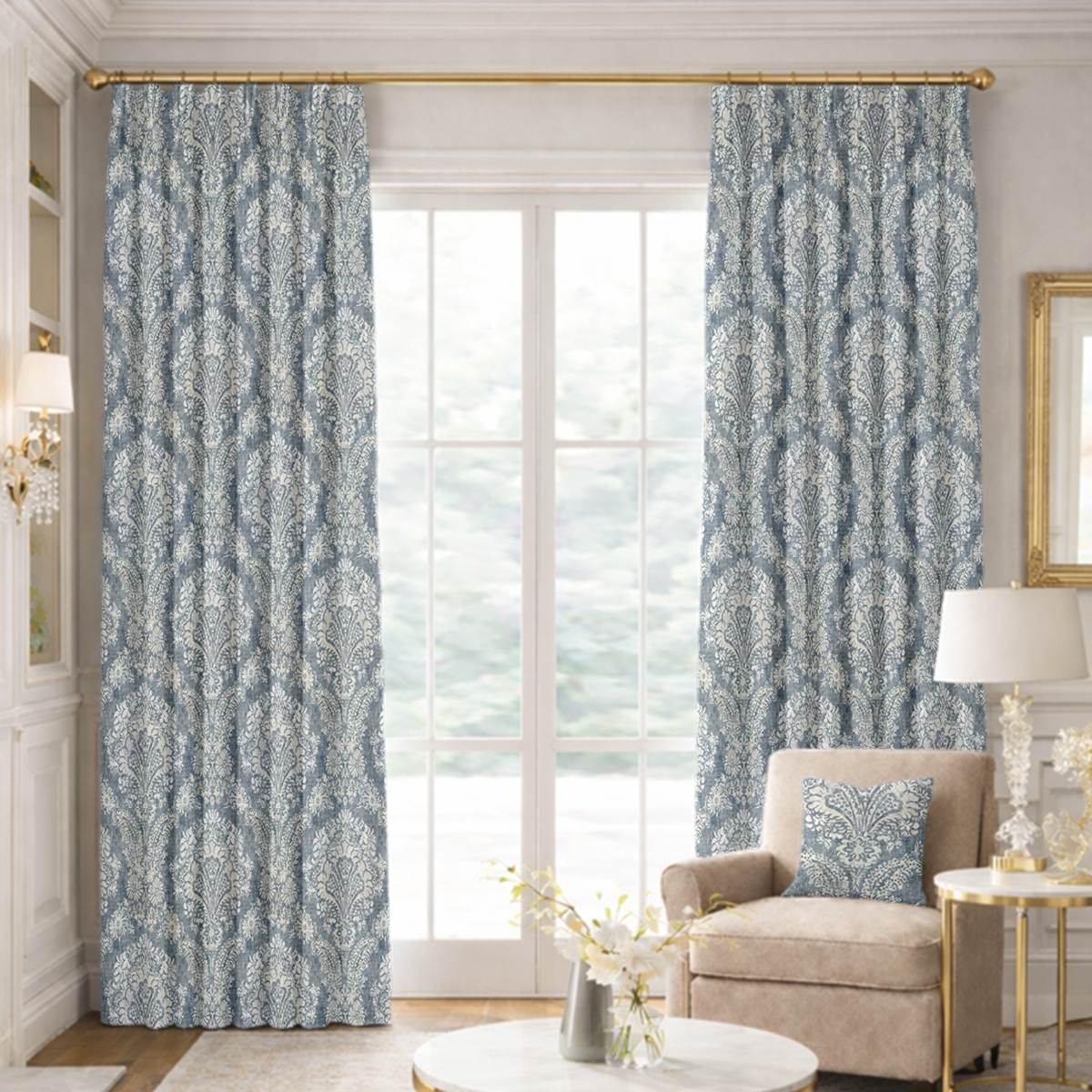 Custom Pinch Pleat Drapes in Damasco - Denim