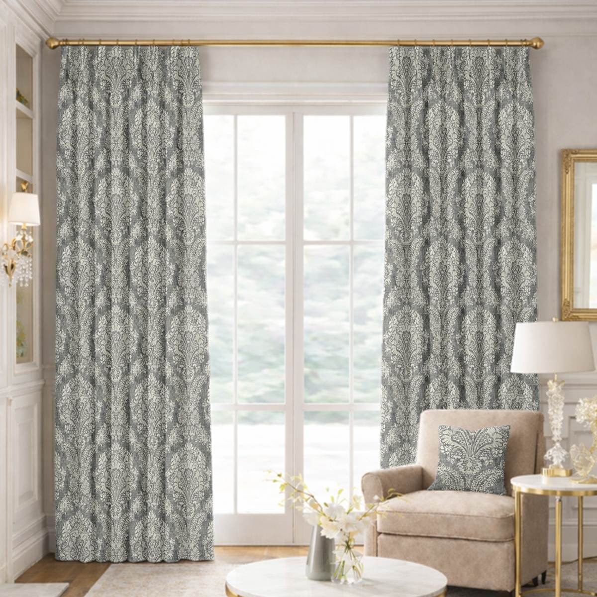 Custom Pinch Pleat Drapes in Damasco - Grey