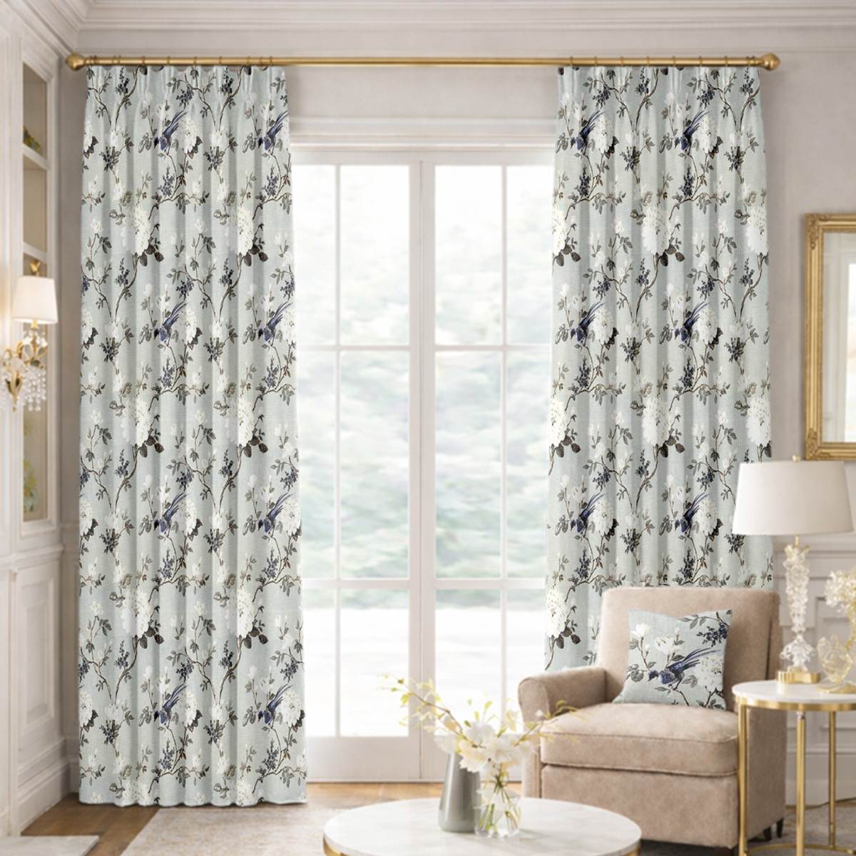 Custom Pinch Pleat Drapes in Aviary Blossom - Dove