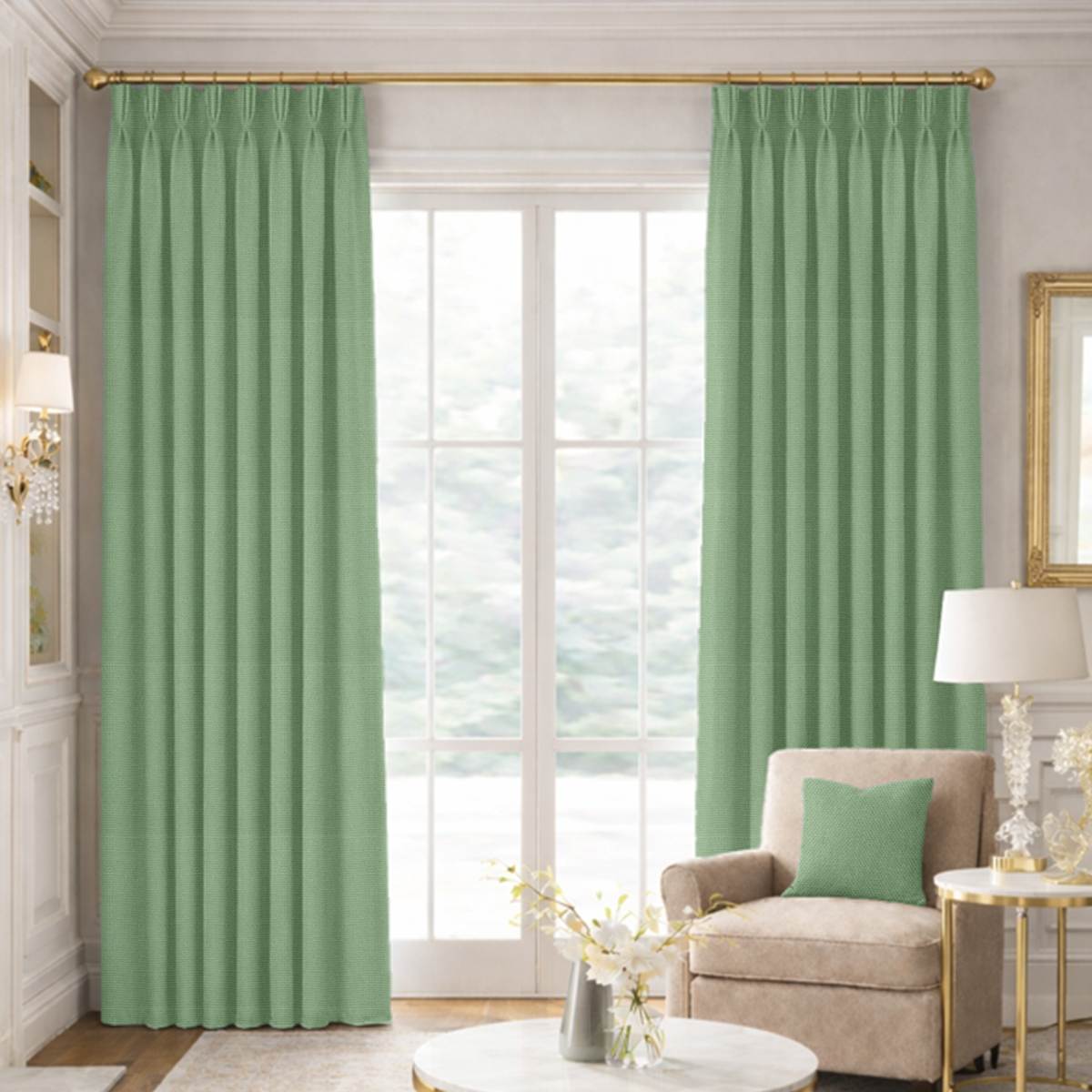 Custom Pinch Pleat Drapes in Woven Cotton - Cactus