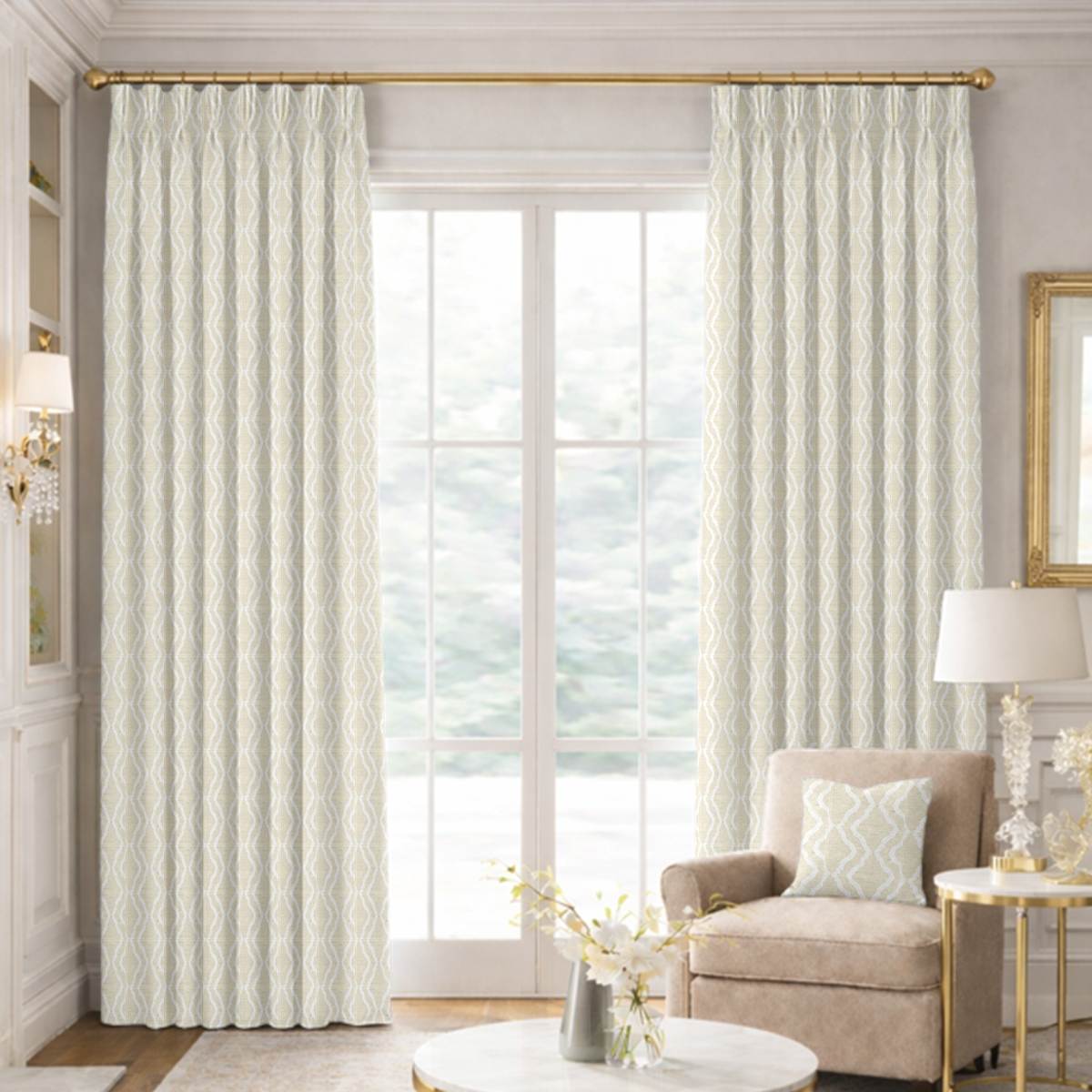 Custom Pinch Pleat Drapes in Flusso Bone