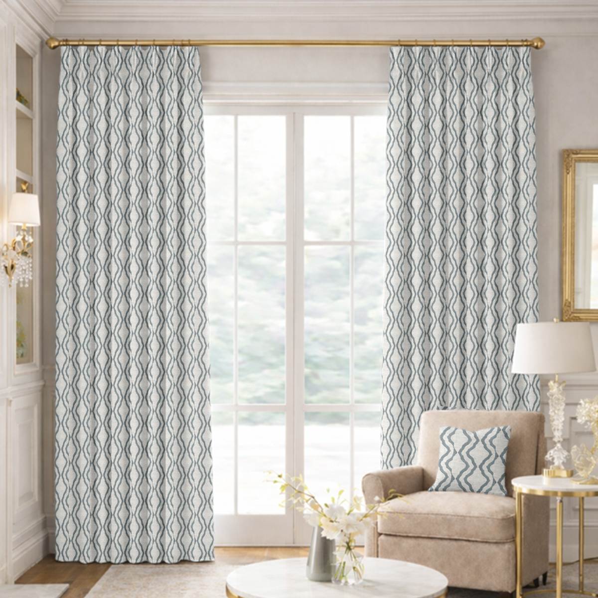 Custom Pinch Pleat Drapes in Flusso Glacier