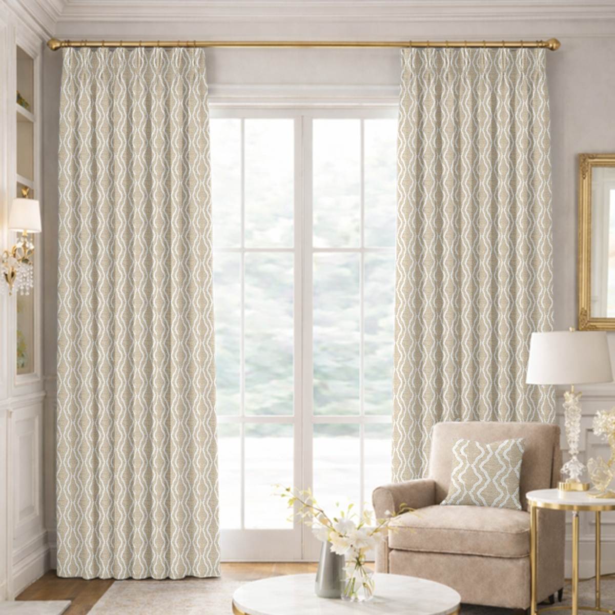 Custom Pinch Pleat Drapes in Flusso Latte