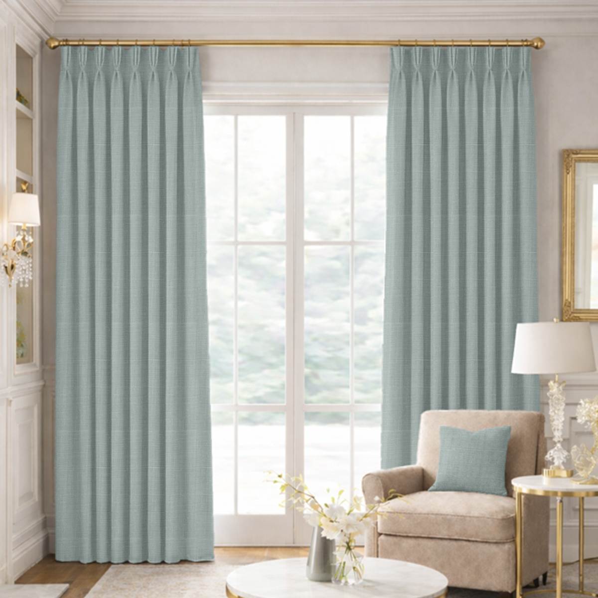 Custom Pinch Pleat Drapes in Genuine Belgian Linen - Seafoam