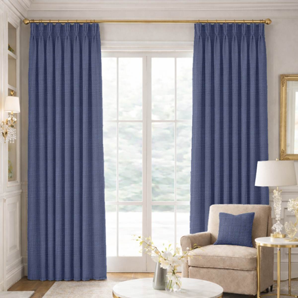 Custom Pinch Pleat Drapes in Genuine Belgian Linen - Indigo Blue