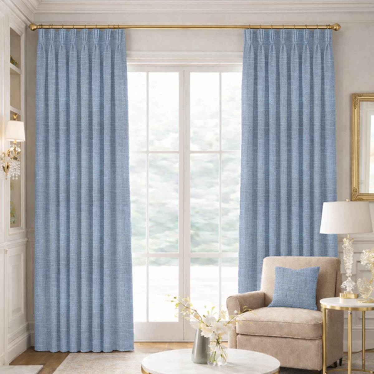 Custom Pinch Pleat Drapes in Portofino Dream Blue