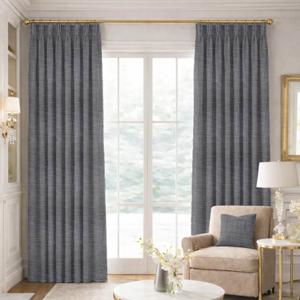 Custom Pinch Pleat Drapes in Portofino Kohl