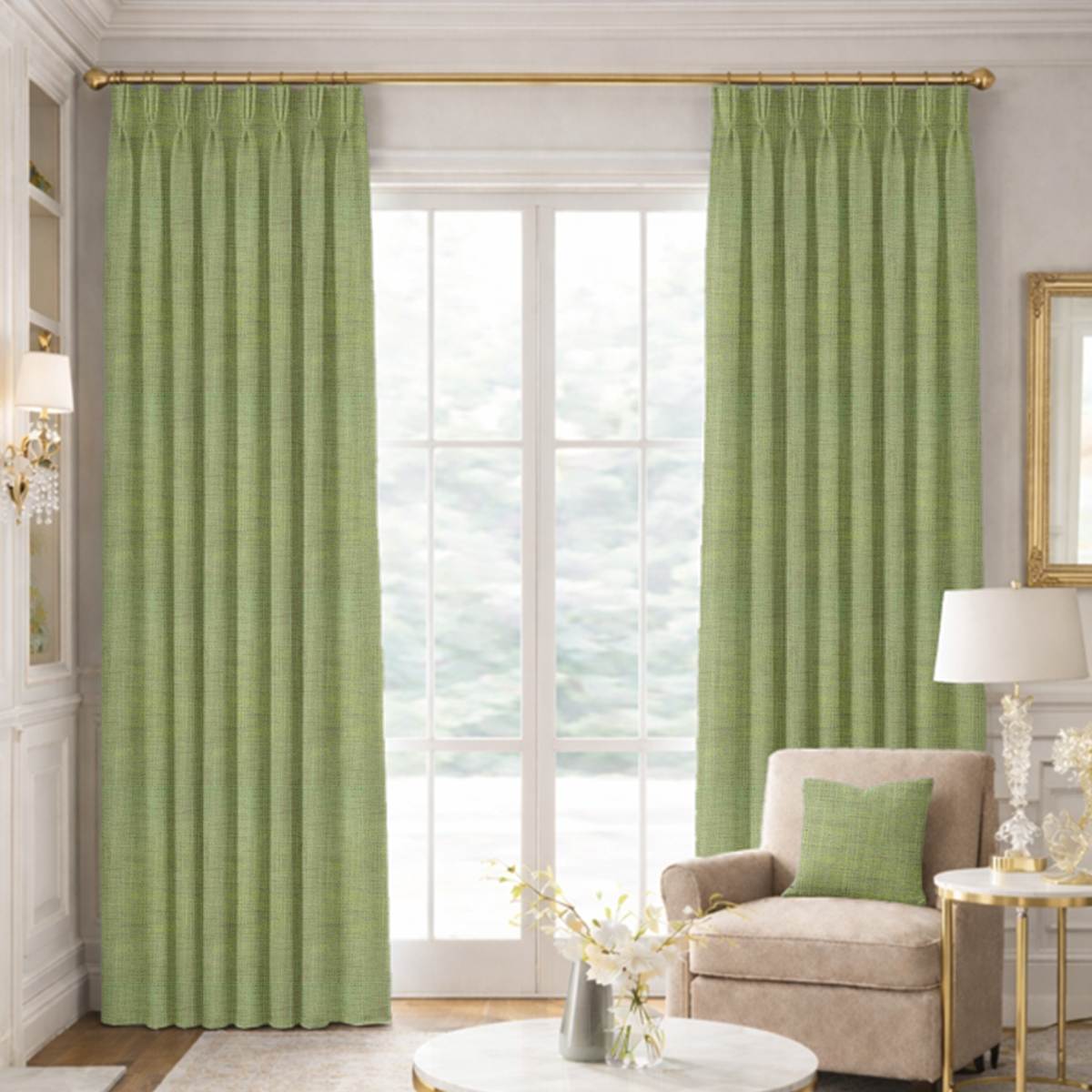 Custom Pinch Pleat Drapes in Portofino Palm