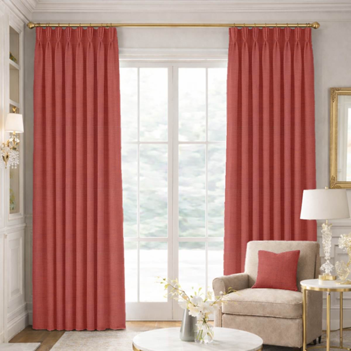 Custom Pinch Pleat Drapes in Portofino Moroccan Red