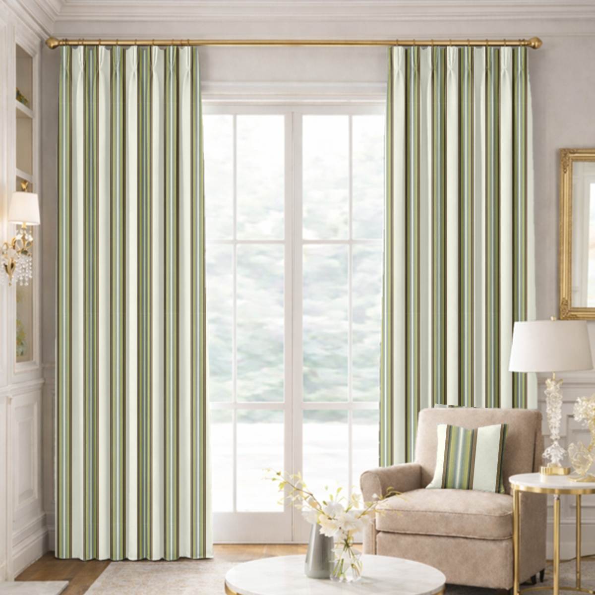 Custom Pinch Pleat Drapes in Premium Striped Taffeta Silk - Golden