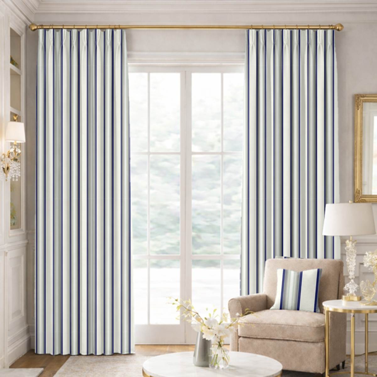 Custom Pinch Pleat Drapes in Premium Striped Taffeta Silk - Blue