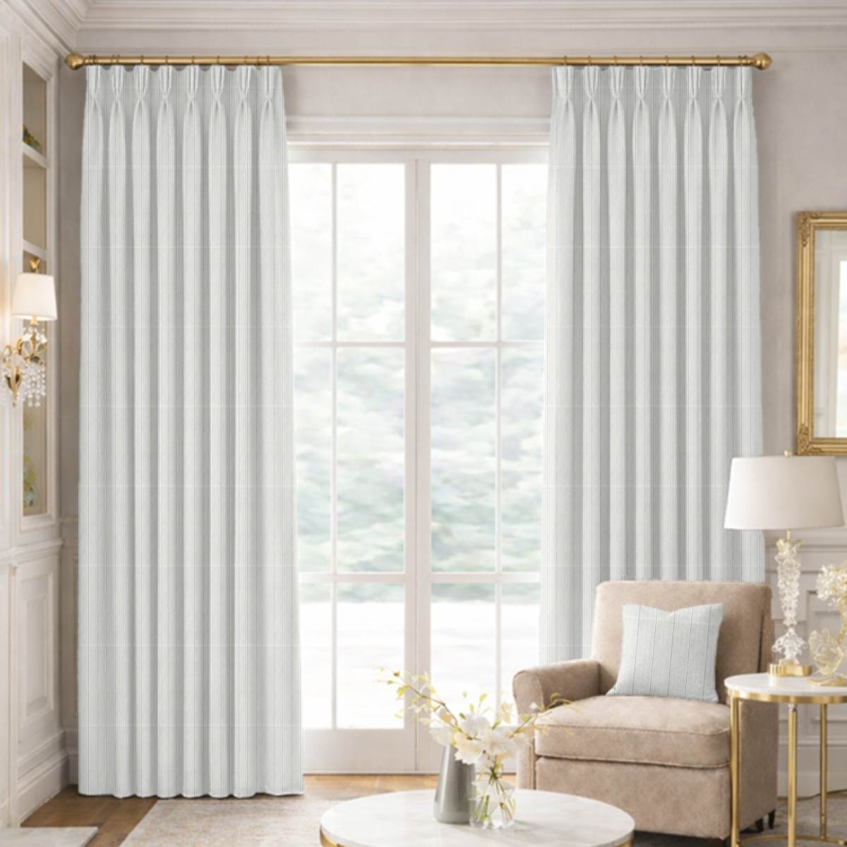 Custom Pinch Pleat Drapes in Abiti Ivory