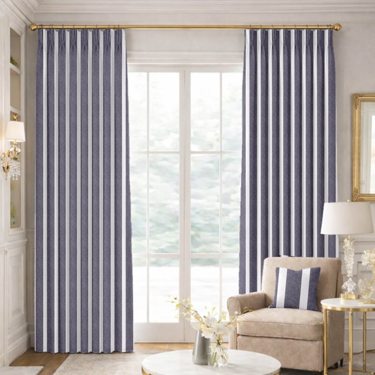 Custom Pinch Pleat Drapes in Fernweave Navy