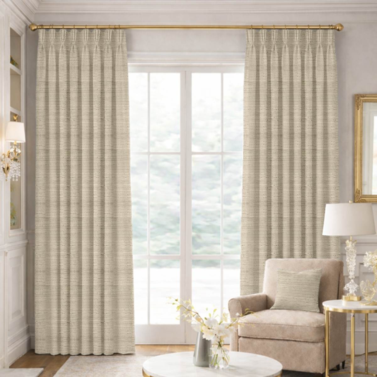 Custom Pinch Pleat Drapes in Premium Raw Silk Beige