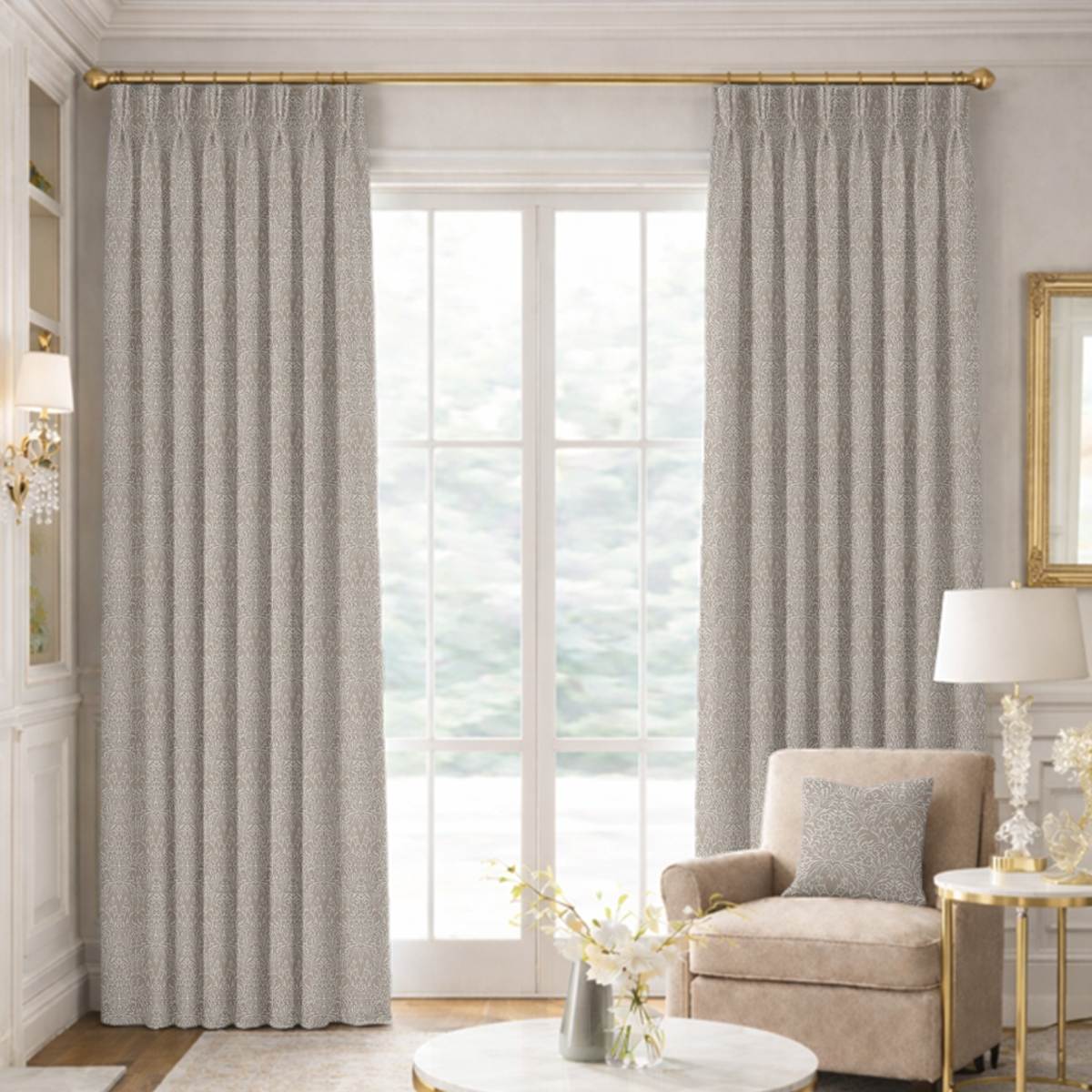 Custom Pinch Pleat Drapes in Lys Atelier Jacquard Linen