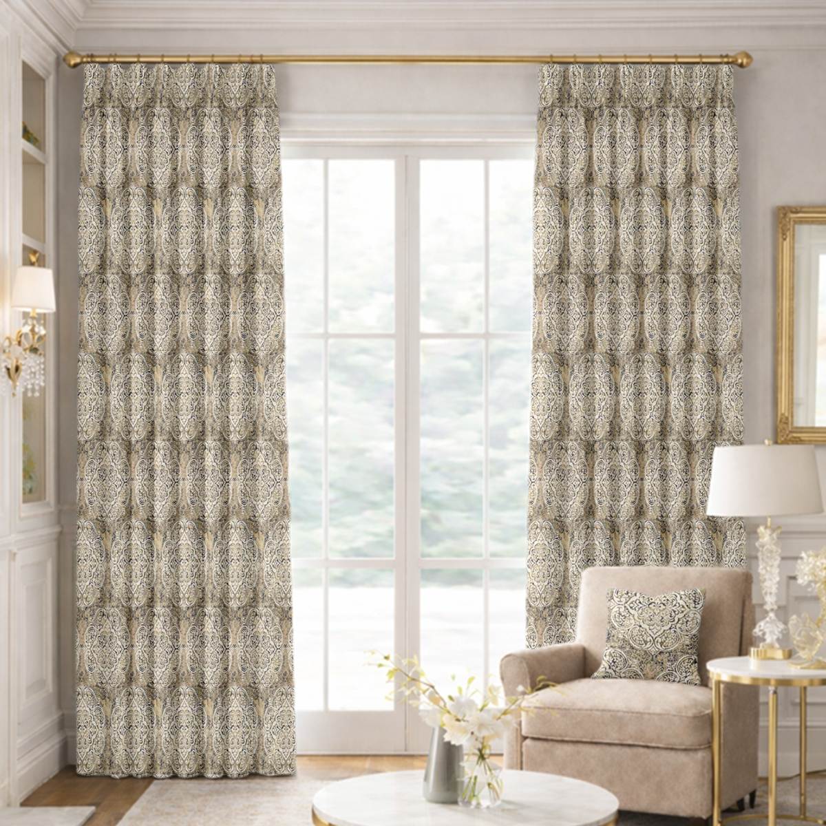 Custom Pinch Pleat Drapes in Bristol Pyrite