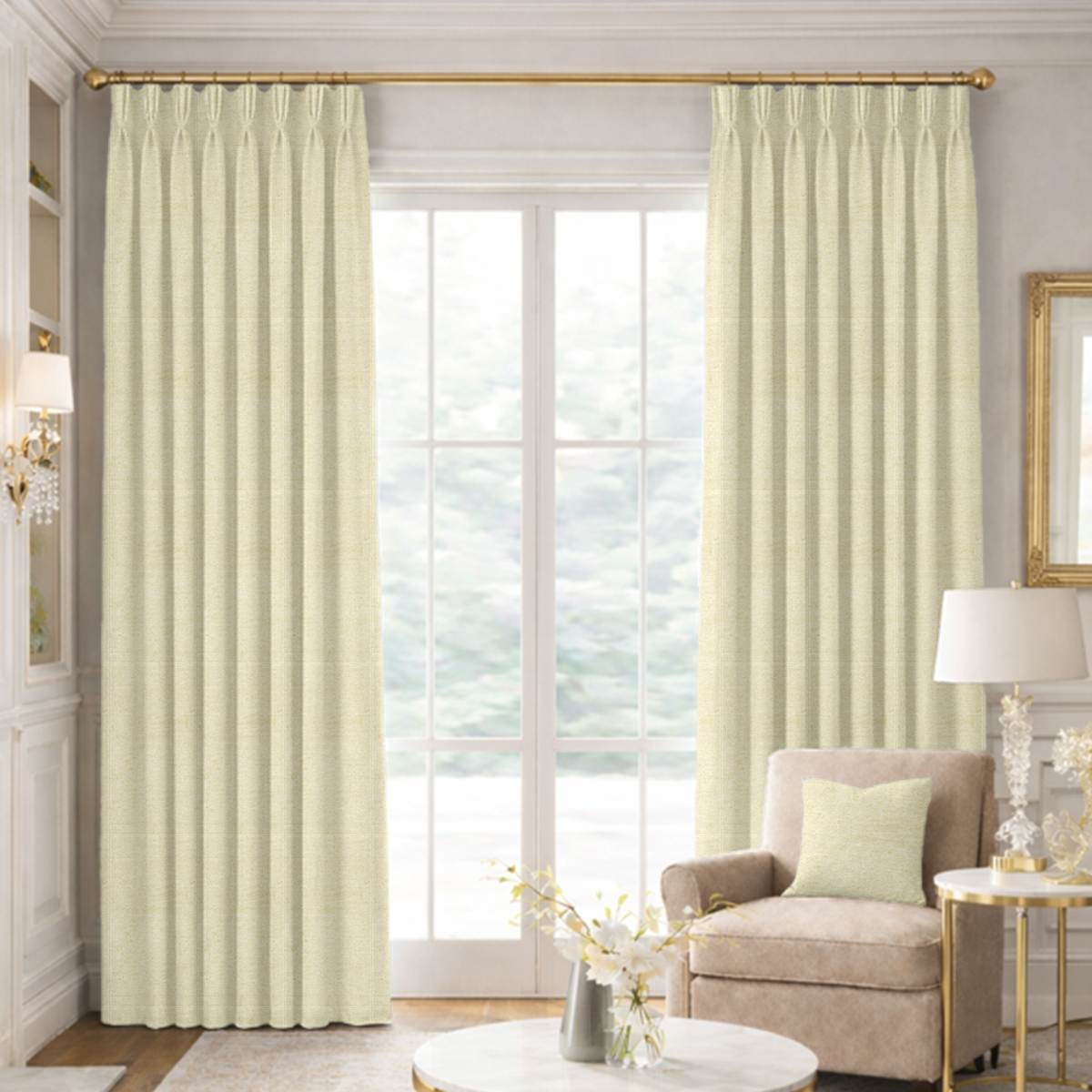 Custom Pinch Pleat Drapes in Woven Cotton - Blanched Almond