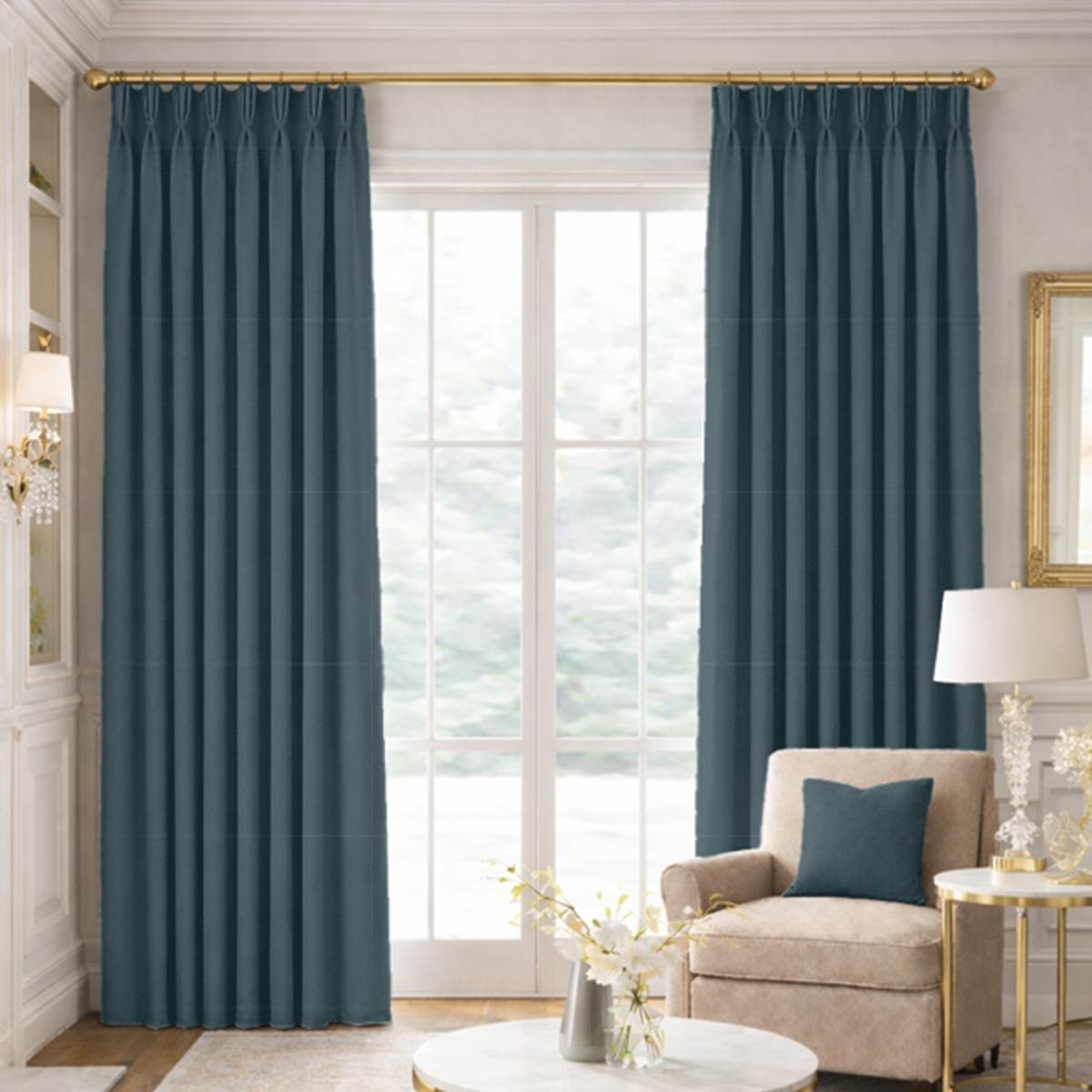 Custom Pinch Pleat Drapes in Woven Cotton - Deep Sea Blue