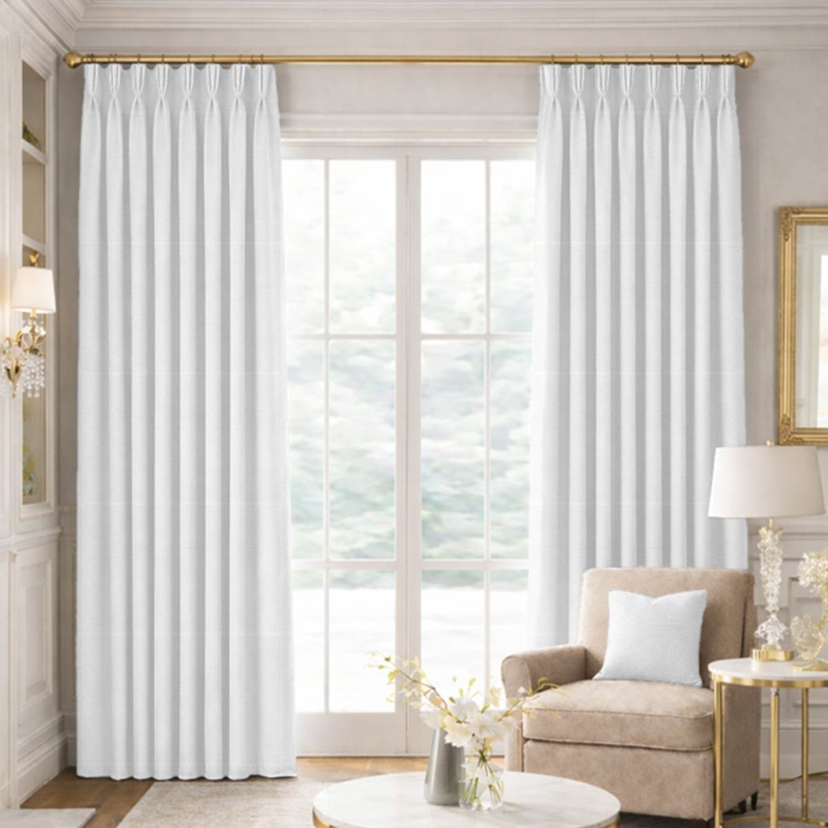 Custom Pinch Pleat Drapes in Woven Cotton - White