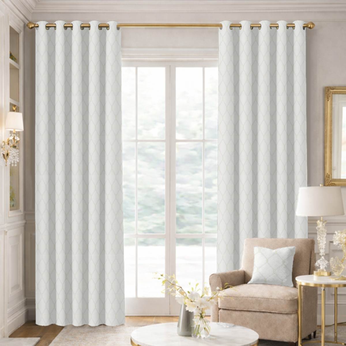 Custom Grommet Drapes in Rialto -White