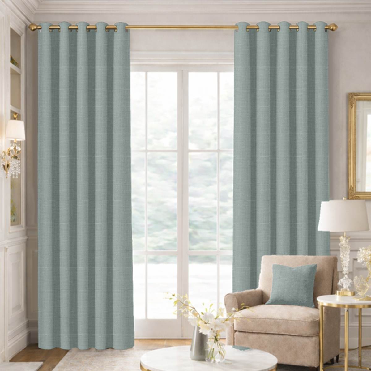 Custom Grommet Drapes in Genuine Belgian Linen - Seafoam