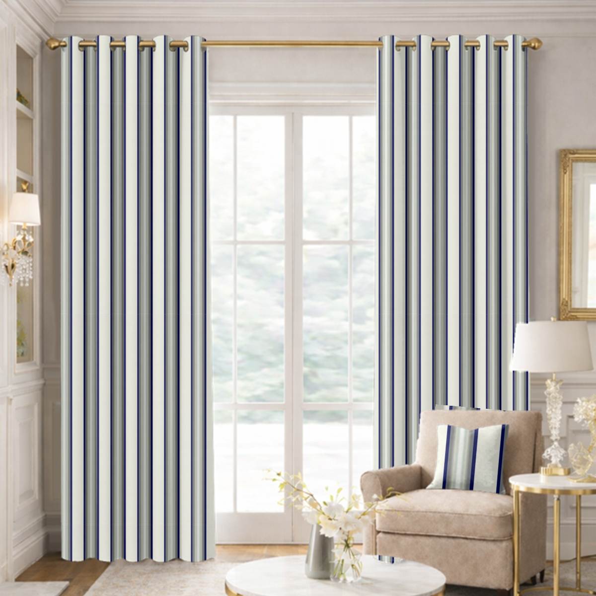 Custom Grommet Drapes in Premium Striped Taffeta Silk - Blue