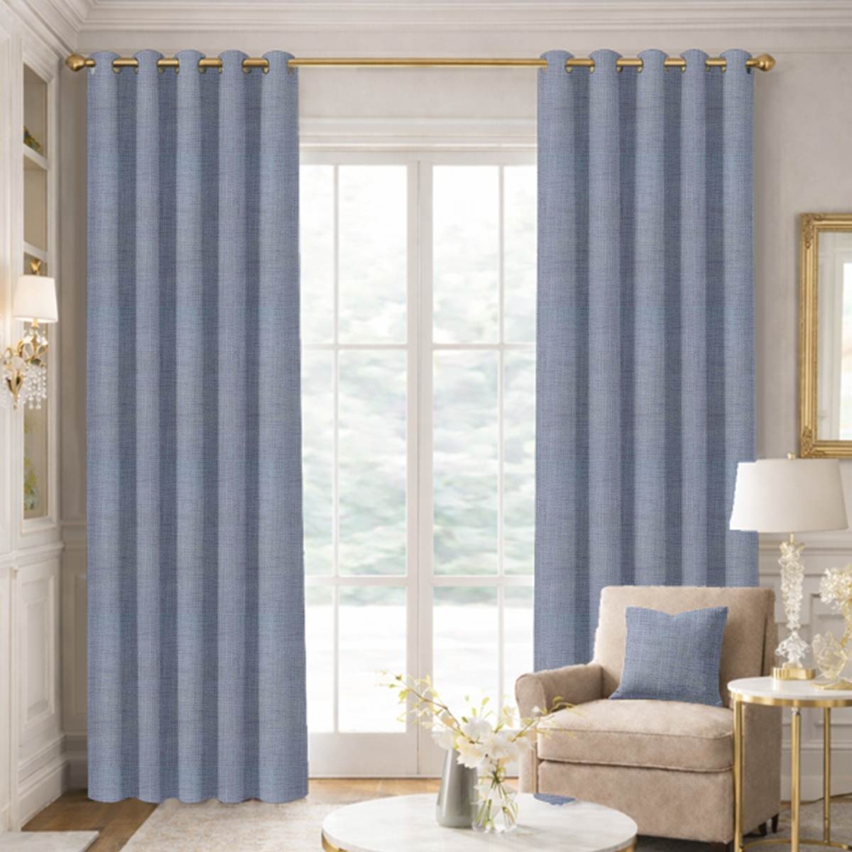 Custom Grommet Drapes in Portofino Smokey Blue