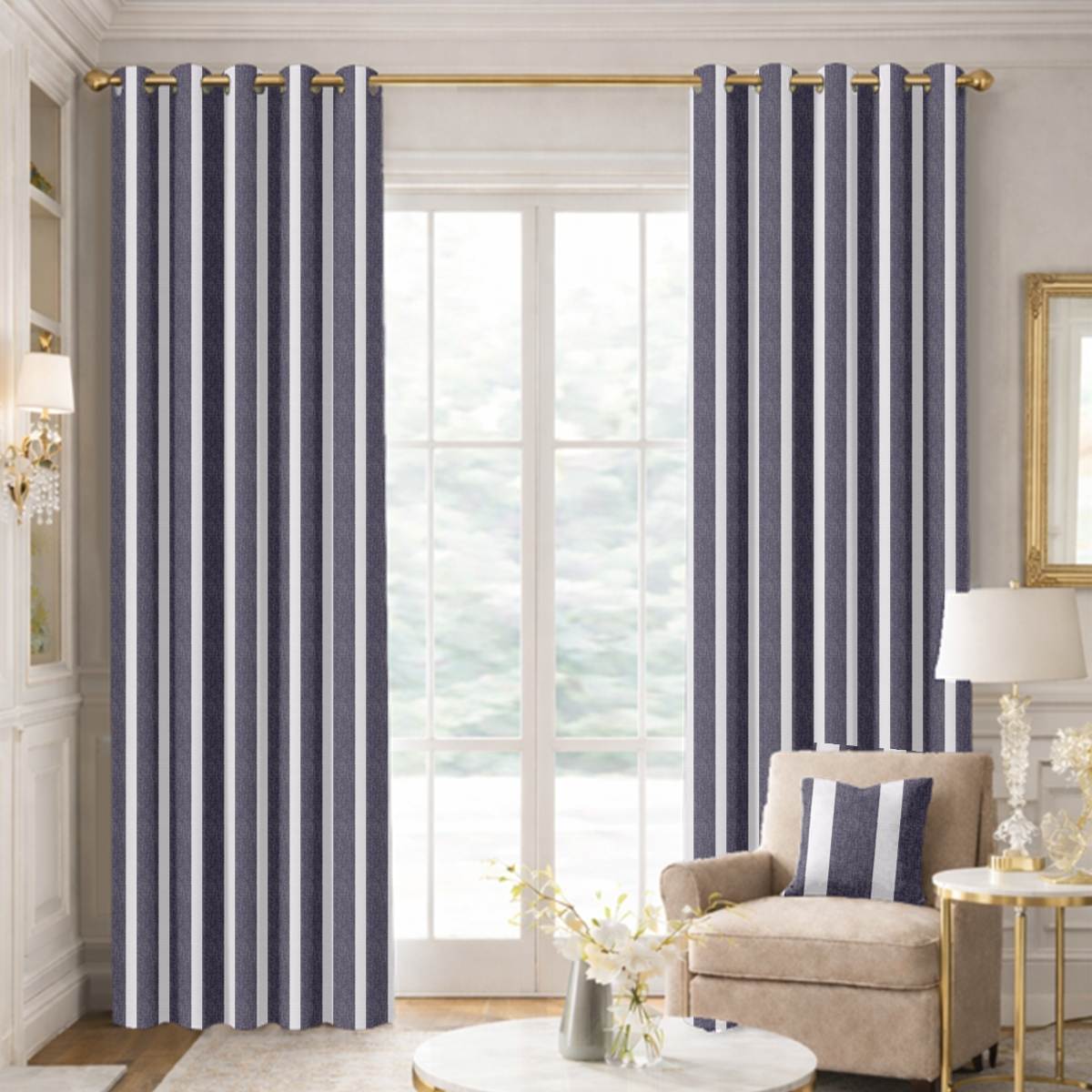 Custom Grommet Drapes in Fernweave Navy