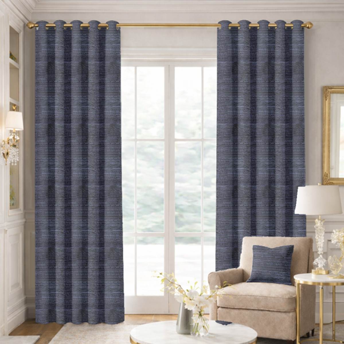 Custom Grommet Drapes in Premium Raw Silk Navy