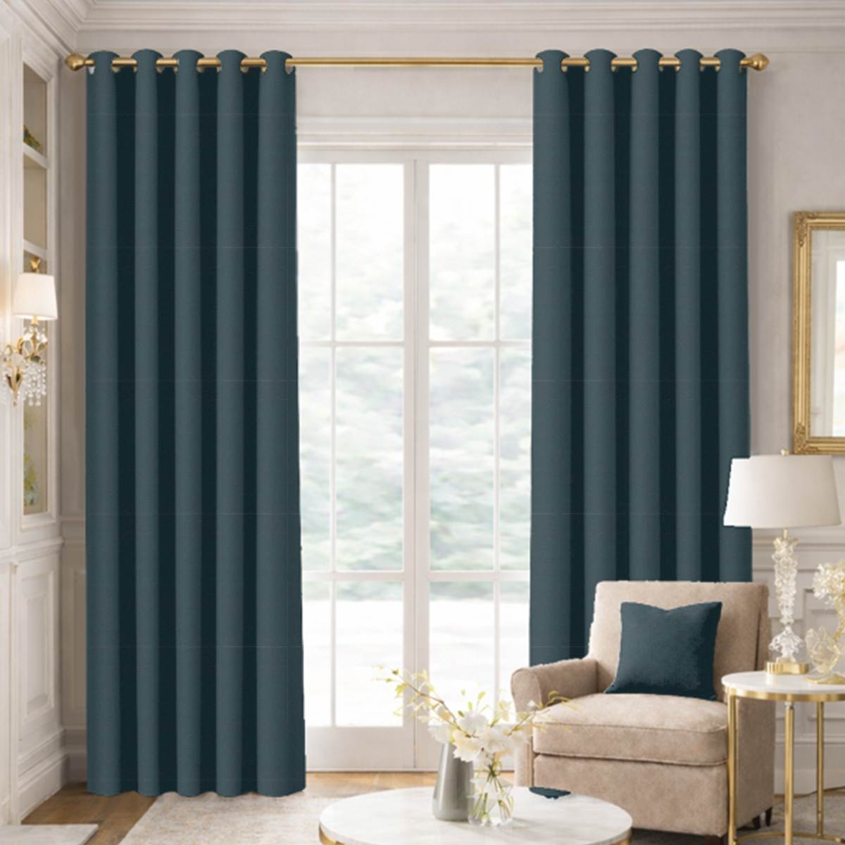 Custom Grommet Drapes in Woven Cotton - Deep Sea Blue