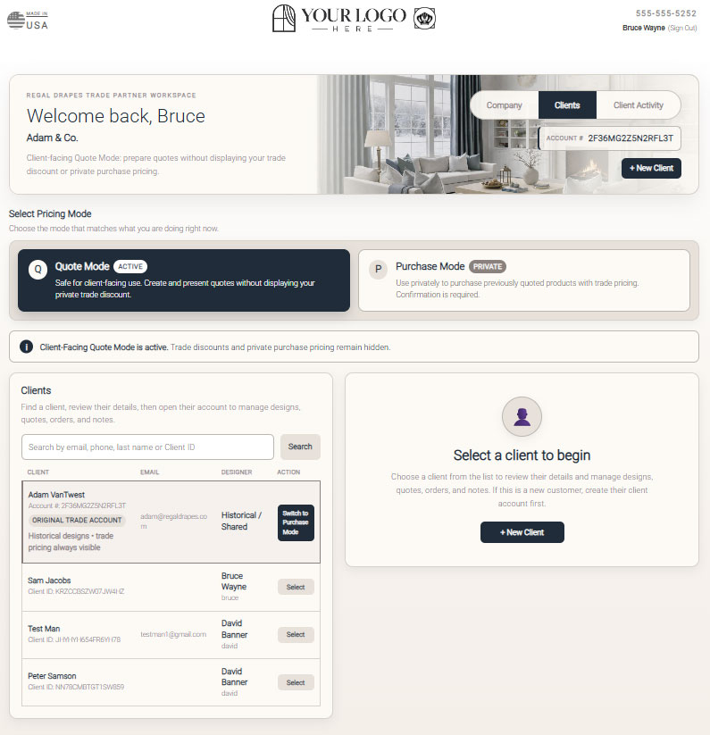 Regal Drapes Trade Partner Workspace